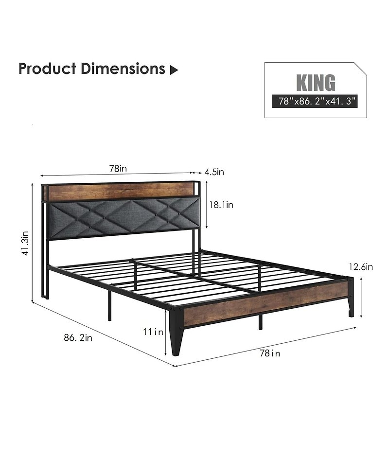 gaomon king Bed Frame, Storage Headboard with Charging Station, Solid Metal Frame, Noise Free, No Box Spring Needed