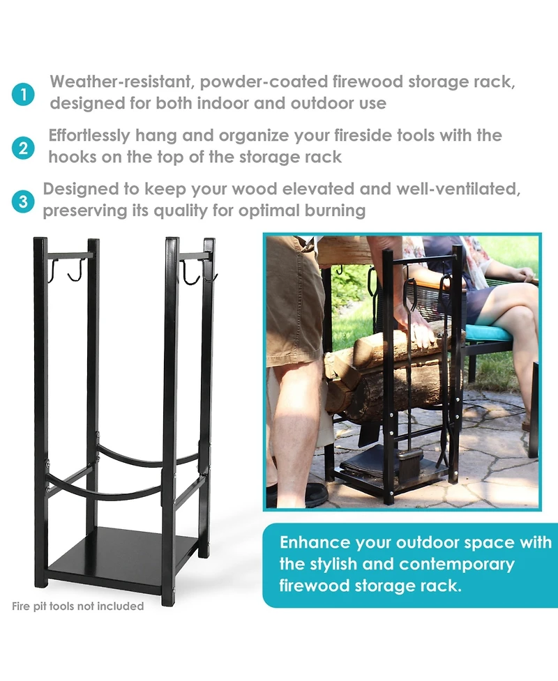 Indoor/Outdoor Steel Fire Pit or Fireplace Firewood Log Rack Holder with Hooks - 32"