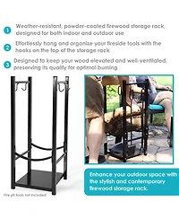 Indoor/Outdoor Steel Fire Pit or Fireplace Firewood Log Rack Holder with Hooks - 32"