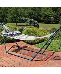 Outdoor 2-Person Double Polyester Rope Hammock with Wood Spreader Bar and Matte Blue Steel Multi-Use Stand