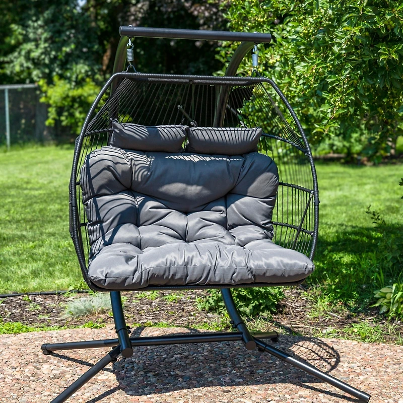 Andrei Double Hanging Egg Chair with Stand - 2-Person Outdoor Egg Chair - Includes Steel Stand and Cushion - Dark Gray