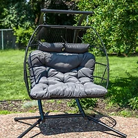 Andrei Double Hanging Egg Chair with Stand - 2-Person Outdoor Egg Chair - Includes Steel Stand and Cushion - Dark Gray