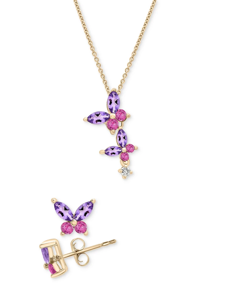 2-Pc. Pink Sapphire (1/2 ct. t.w.), Amethyst (7/8 ct. t.w.) & White Sapphire (1/20 ct. t.w.) Butterfly Earrings & Pendant Necklace Set in 14k Gold-Pla