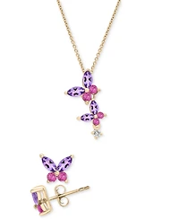 2-Pc. Pink Sapphire (1/2 ct. t.w.), Amethyst (7/8 ct. t.w.) & White Sapphire (1/20 ct. t.w.) Butterfly Earrings & Pendant Necklace Set in 14k Gold-Pla