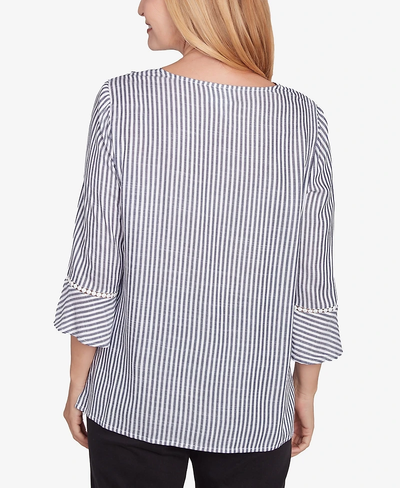 Alfred Dunner Women's Classic Embroidered Split Neck Striped Top
