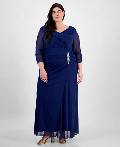 Alex Evenings Plus Size Portrait-Collar Side-Ruched A-Line Dress