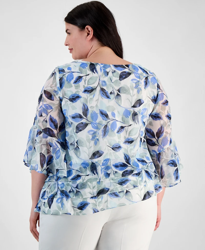 Alex Evenings Plus Size Floral Print Tiered Bell-Sleeve Blouse
