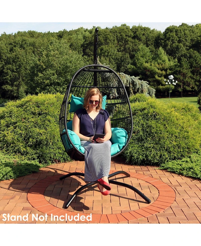 Dalia Black Steel and Polyethylene Wicker Hanging Egg Chair with Teal Polyester Seat Cushions - 45-Inch Tall