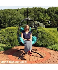 Dalia Black Steel and Polyethylene Wicker Hanging Egg Chair with Teal Polyester Seat Cushions - 45-Inch Tall