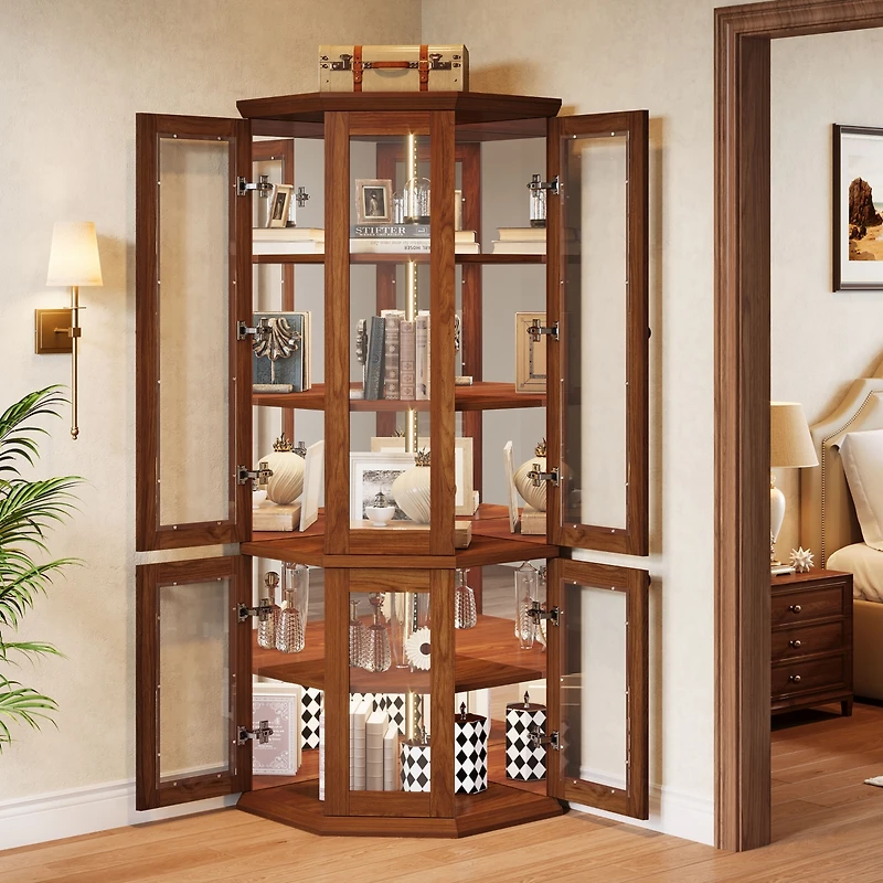 Tribesigns Corner Storage Cabinet, 71" Tall Corner Cabinet with Doors & Led Lights, 5-Tier Mid-Century Corner Display Cabinet for Living Room, Ki