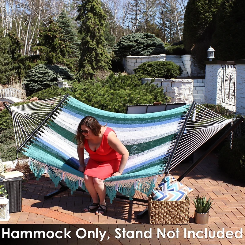 Heavy-Duty 2-Person Woven Polyester Style Hammock with Crocheted edges and Wooden Spreader Bars - 600 lb Weight Capacity