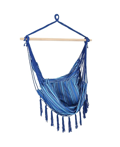 Indoor or Outdoor Hanging Hammock Chair with Cushions - Fabric with Tassels - 265-Pound Capacity - Cornflower Stripes