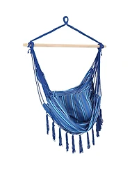 Indoor or Outdoor Hanging Hammock Chair with Cushions - Fabric with Tassels - 265-Pound Capacity - Cornflower Stripes