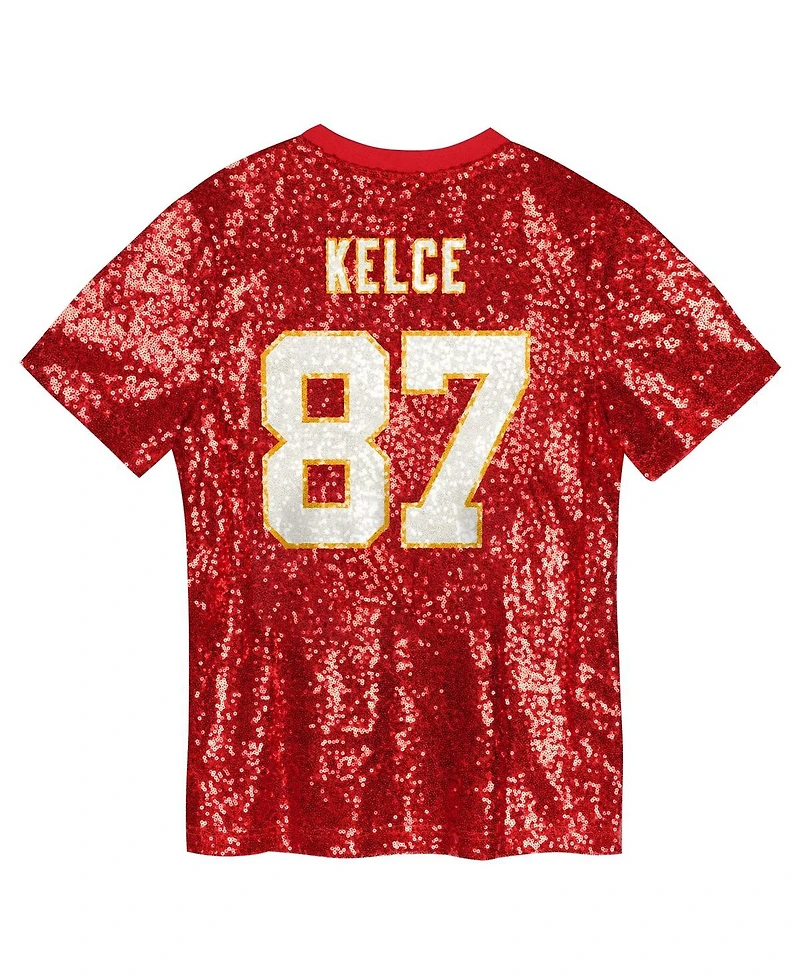 Outerstuff Big Girls Travis Kelce Red Kansas City Chiefs Sequin V-Neck Fashion Jersey