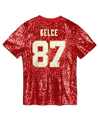 Outerstuff Big Girls Travis Kelce Red Kansas City Chiefs Sequin V-Neck Fashion Jersey