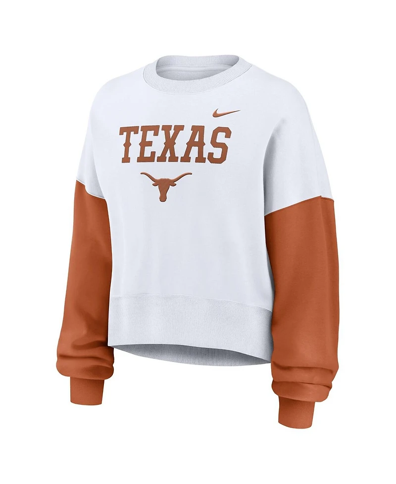 Nike Women's White Texas Longhorns Color-Block Oversized Cropped Pullover Sweatshirt