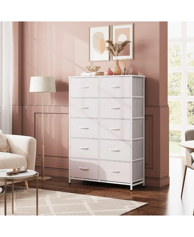 Wlive 10-Drawer Dresser Fabric Storage Tower for Bedroom Hallway Closets Tall Chest Organizer Unit with Textured Print Fabric Bins Steel Frame Wood To
