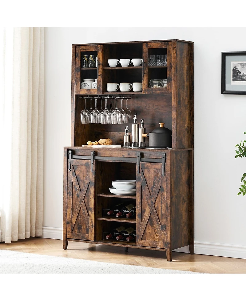 gaomon 70" Farmhouse Bar Wine Cabinet with Sliding Barn Doors, Coffee Liquor Cabinets with Storage Shelves and Glasses Rack for Kitchen