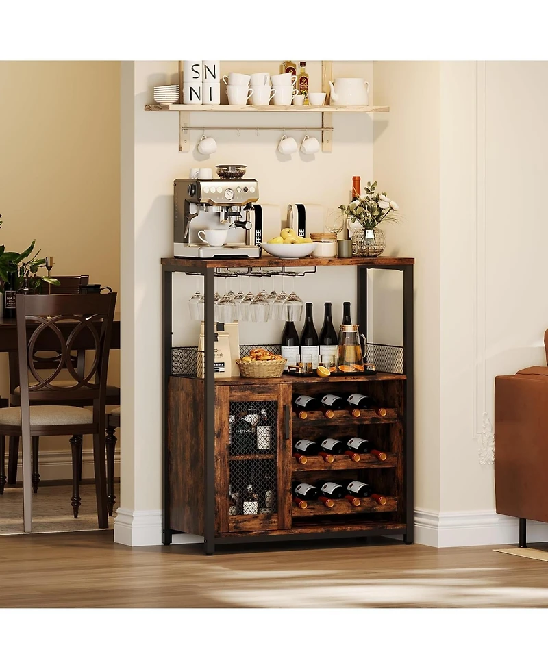 gaomon Wine Bar Cabinet with Led Light 36''H Coffee Bar Cabinet with Detachable Wine Rack and Glass Holder Kitchen Buffet Sideboard w/Storage Shelf Fr