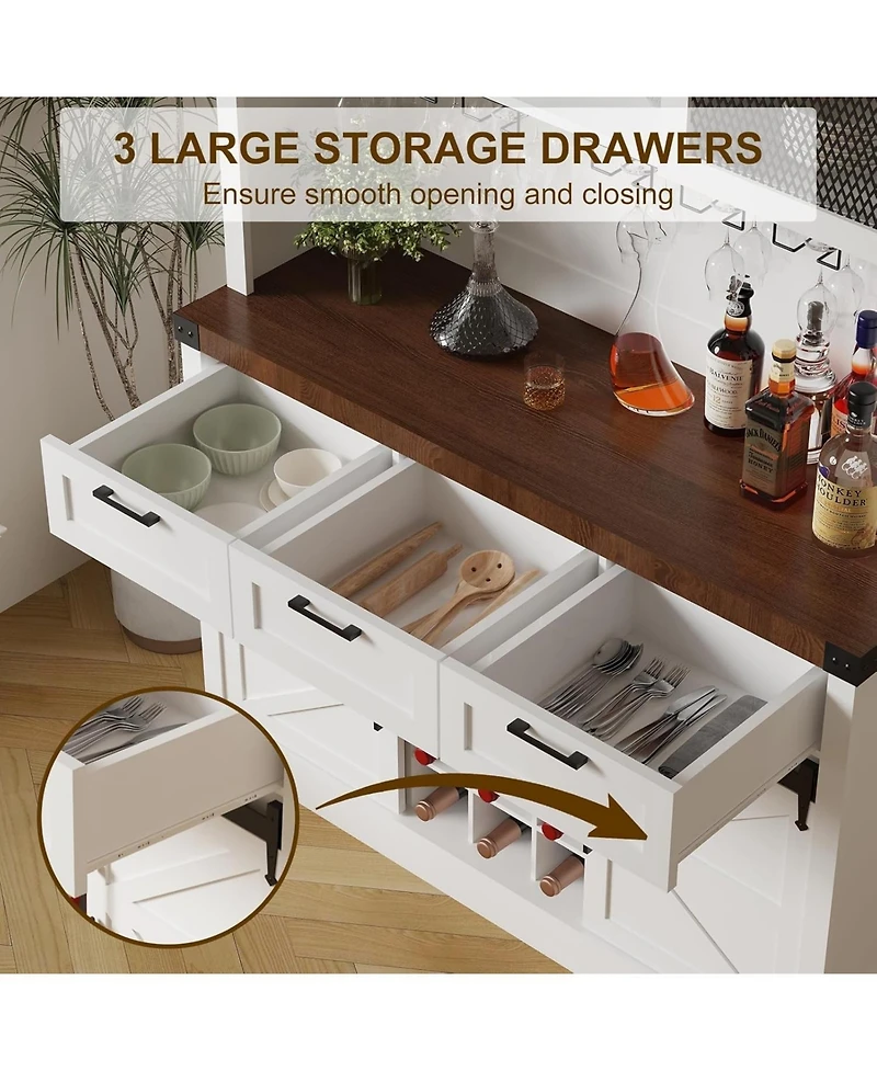 gaomon Modern Wine Bar Cabinets with Storage,68" Buffet Hutch Cabinet with Wine Glass Rack&Sliding Barn Door,Large Coffee Bar Sideboard Cabinet for Li