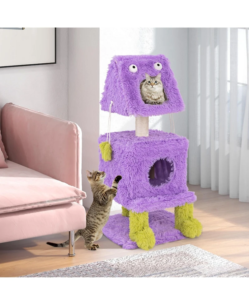 Gymax Cat Tree Cute Monster-Themed Cat Tower w/ 2 Private Condos & Soft Long Plush