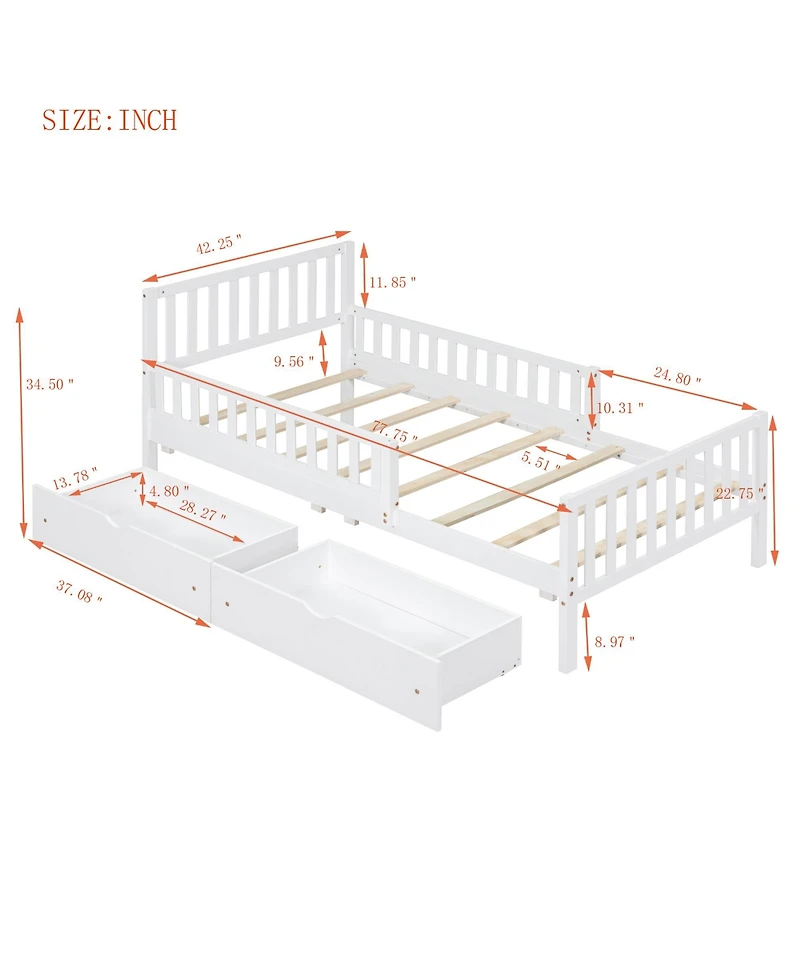 Wood Platform Bed with Guardrails on Both Sides and Two Storage Drawers