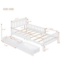 Wood Platform Bed with Guardrails on Both Sides and Two Storage Drawers