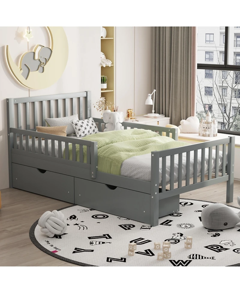 Wood Platform Bed with Guardrails on Both Sides and Two Storage Drawers