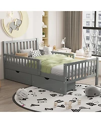 Wood Platform Bed with Guardrails on Both Sides and Two Storage Drawers