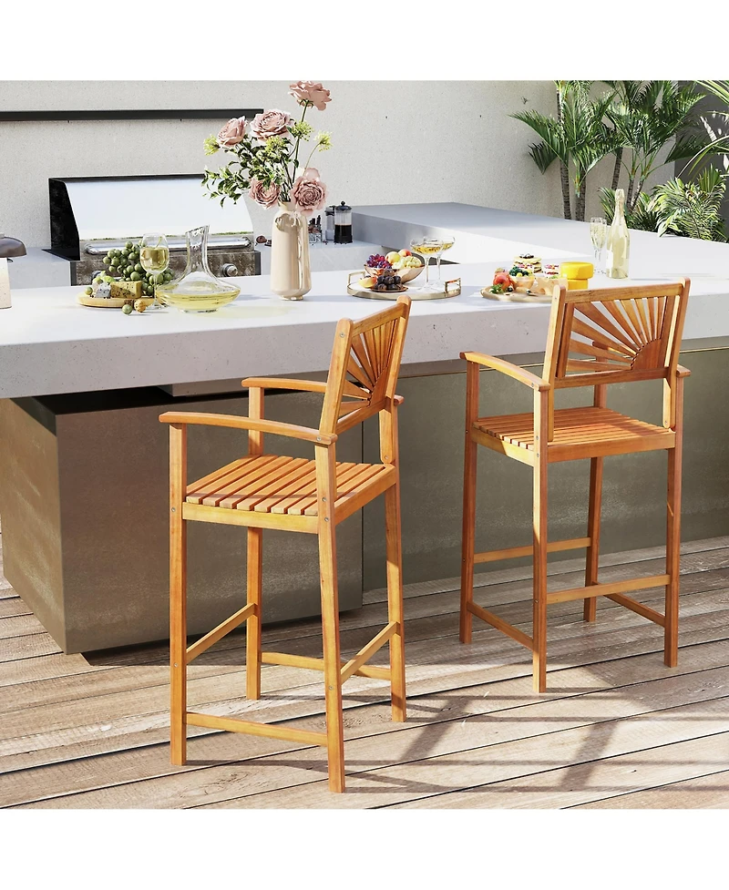 Gymax Set of Outdoor Acacia Wood Bar Stools Bar Height Patio Chairs w/ Backrests