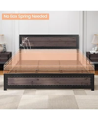 gaomon Queen Size Bed Frame with Headboard, Industrial Platform Bed Frame with Charging Station, No Box Spring Required, Easy to Assemble, Wooden Matt