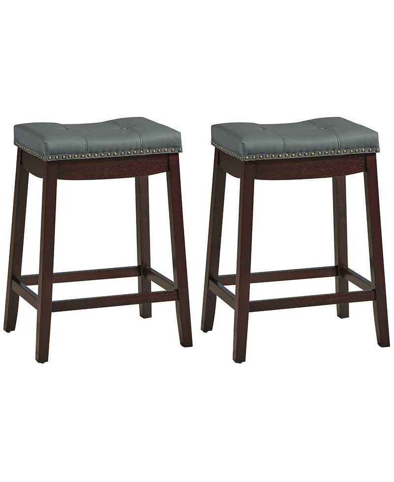 Gymax Set of 2 Nailhead Saddle Bar Stools 24'' Counter Stools Brown with Cushion
