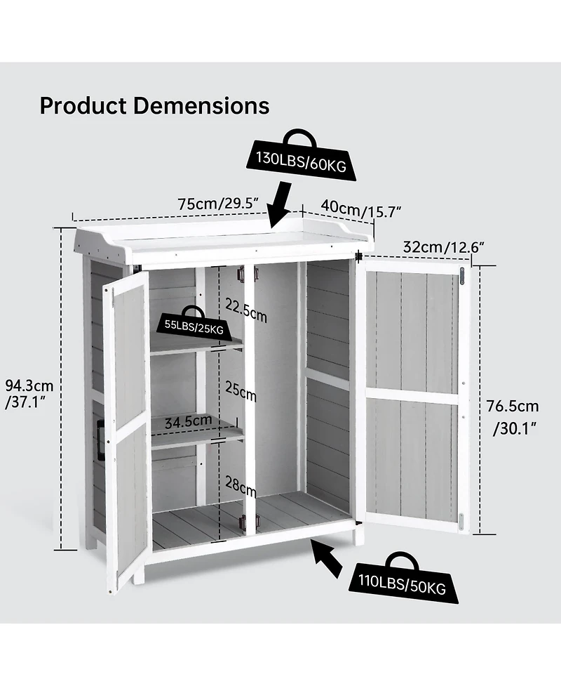 gaomon Potting Bench Outdoor Cabinet with Metal Tabletop, Weatherproof Wooden Storage with Adjustable Shelves, Doors for Garden, Patio, and Lawn