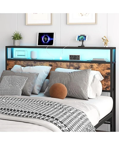 gaomon Queen Size Headboard, Headboard with 2 Outlets, Led Lights and Usb Ports, Adjustable Height, Storage Rack, Sturdy and Stable, Easy Assembly, Ru