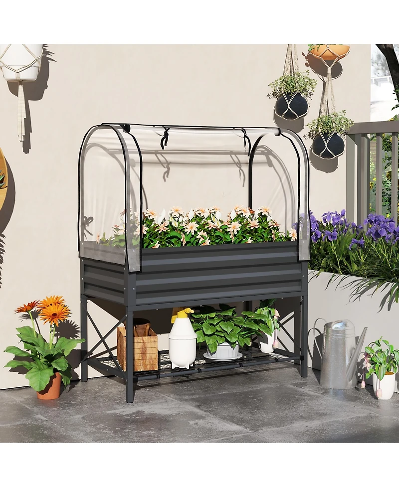 Outsunny Metal Raised Garden Bed with Legs, Cover, and Storage Shelf,