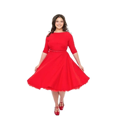 Unique Vintage Plus Three Quarter Sleeve Belted Devon Swing Dress