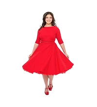 Unique Vintage Plus Three Quarter Sleeve Belted Devon Swing Dress