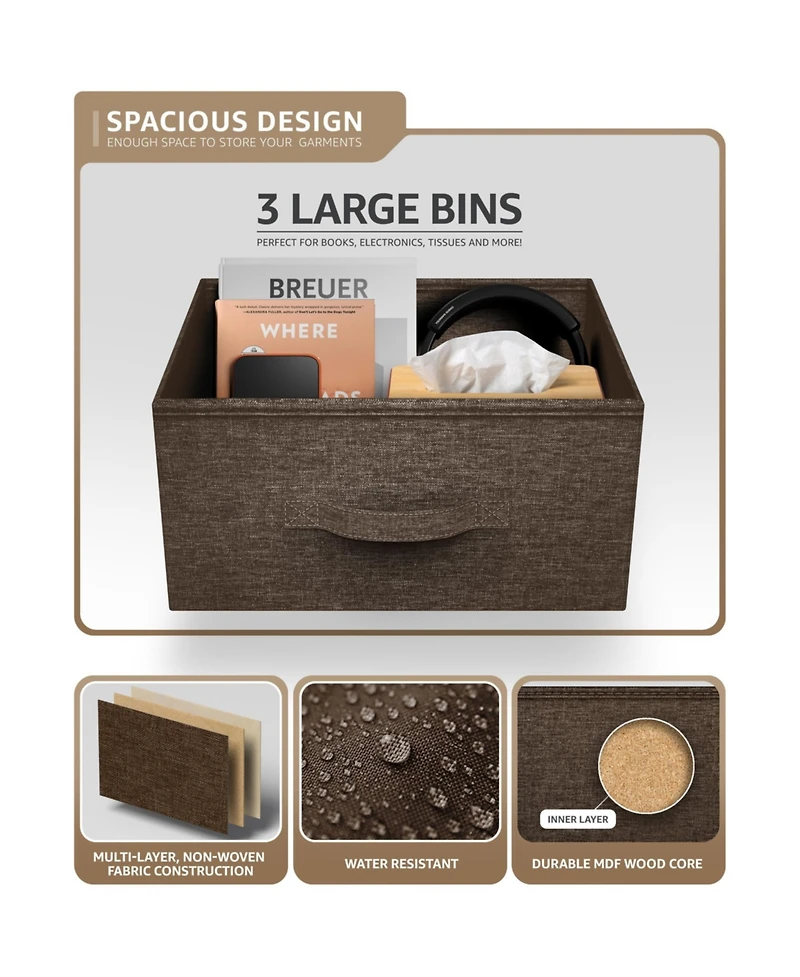 Sorbus Nightstand with 3 Drawers - Steel Frame, Wood Top & Easy Pull Fabric Bins Perfect for Home, Bedroom, Office College Dorm