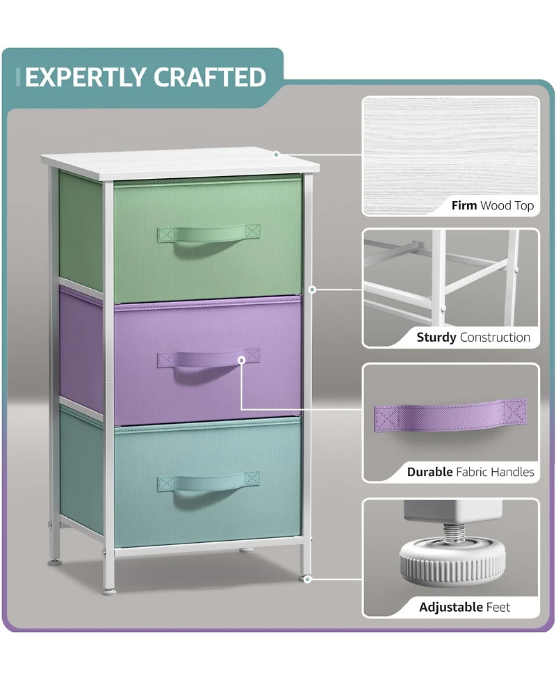 Sorbus Nightstand with 3 Drawers - Steel Frame, Wood Top & Easy Pull Fabric Bins Perfect for Home, Bedroom