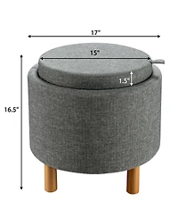 Gouun Round Fabric Storage Ottoman with Tray and Non-Slip Pads for Bedroom