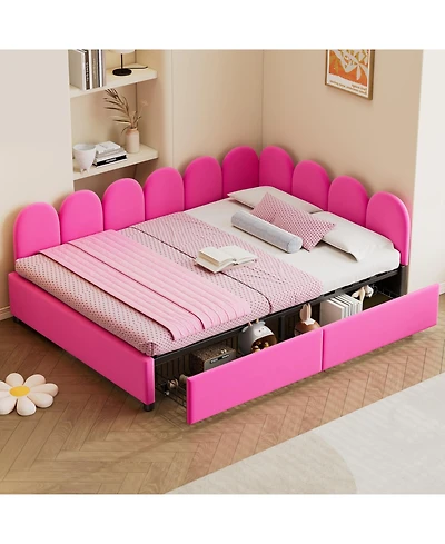 Upholstered Daybed with 2 Drawers, Velvet Sofabed with Soft Fabric Headboard, No Box-spring Needed, Rose Red