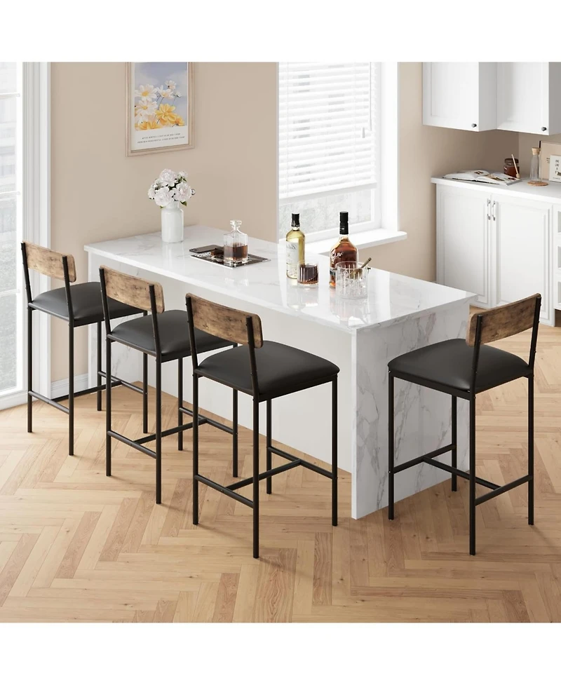 Bar Stools Set of 4, Upholstered Counter Height Bar Stools with Backrest and Footrest, Kitchen Barstools for Island, Counter Bar