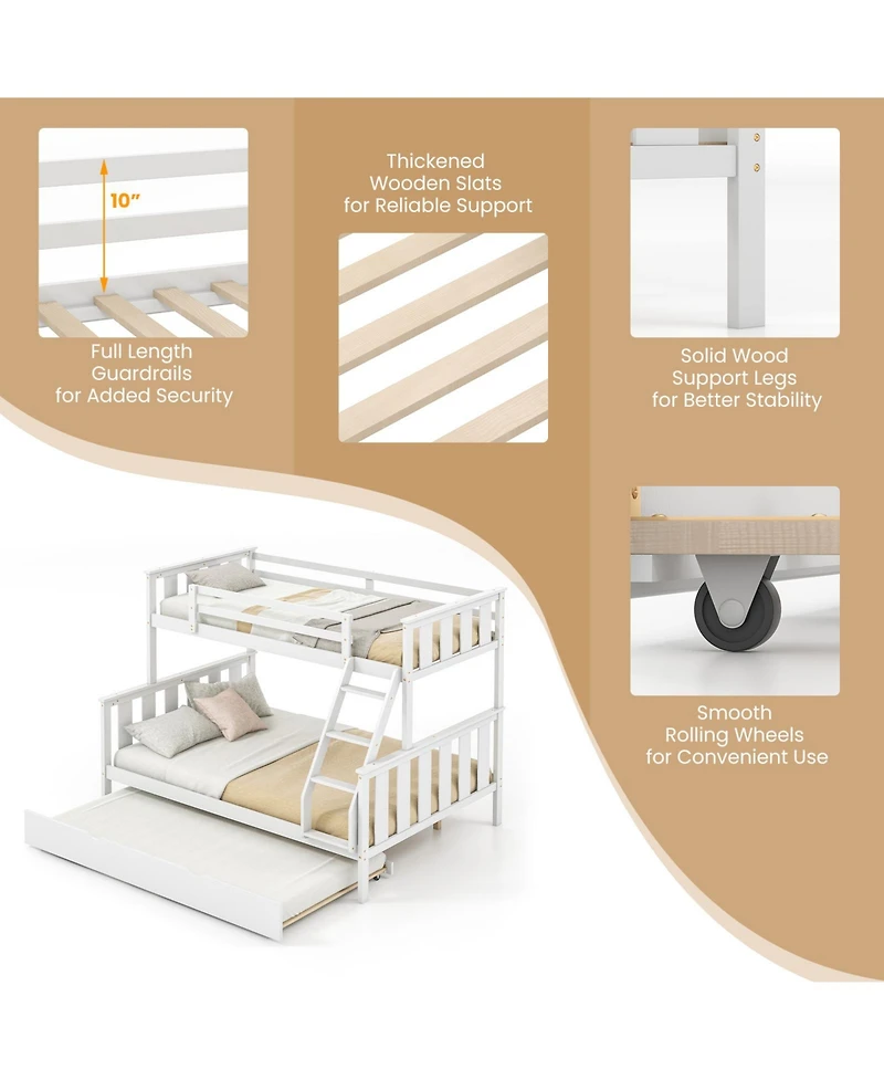 3-in-1 Twin Over Full Bunk Bed with Trundle and Built-in Ladder