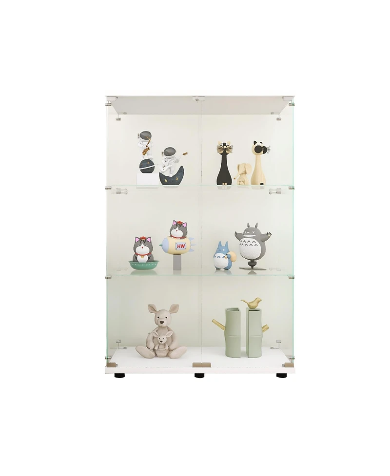 Lovmor Two-door Glass Display Cabinet 3 Shelves with Door, Floor Standing Curio Bookshelf for Living Room Bedroom Office