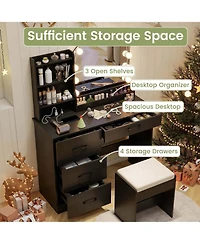 Costway Vanity Set with Mirror and Lights Dressing Table and Chair 4 Drawers 3 Open Shelves