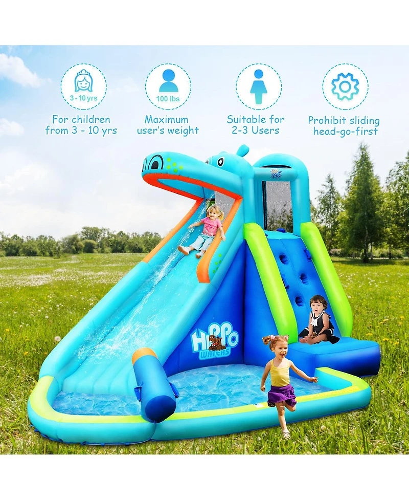 Inflatable Kids Hippo Bounce House Slide Climbing Wall Splash Pool w/ Bag