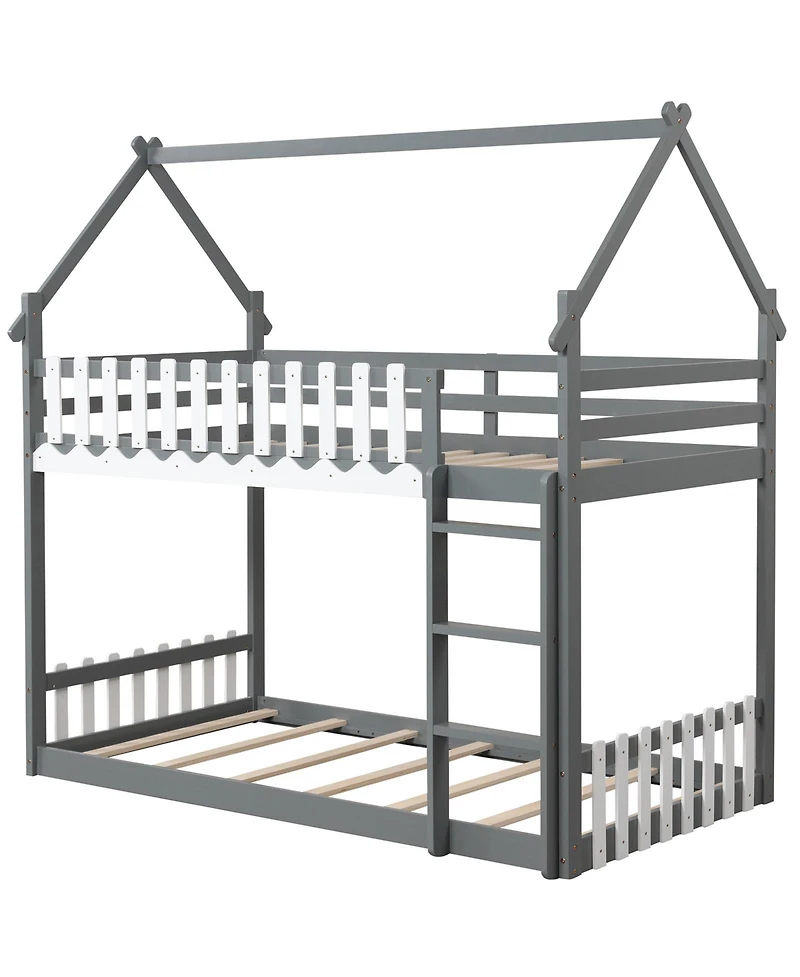 Twin Over Twin Bunk Bed with Fence and Ladder for Kids