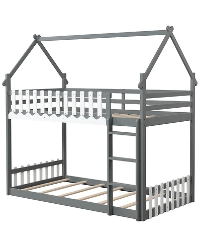Twin Over Twin Bunk Bed with Fence and Ladder for Kids