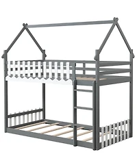 Twin Over Twin Bunk Bed with Fence and Ladder for Kids
