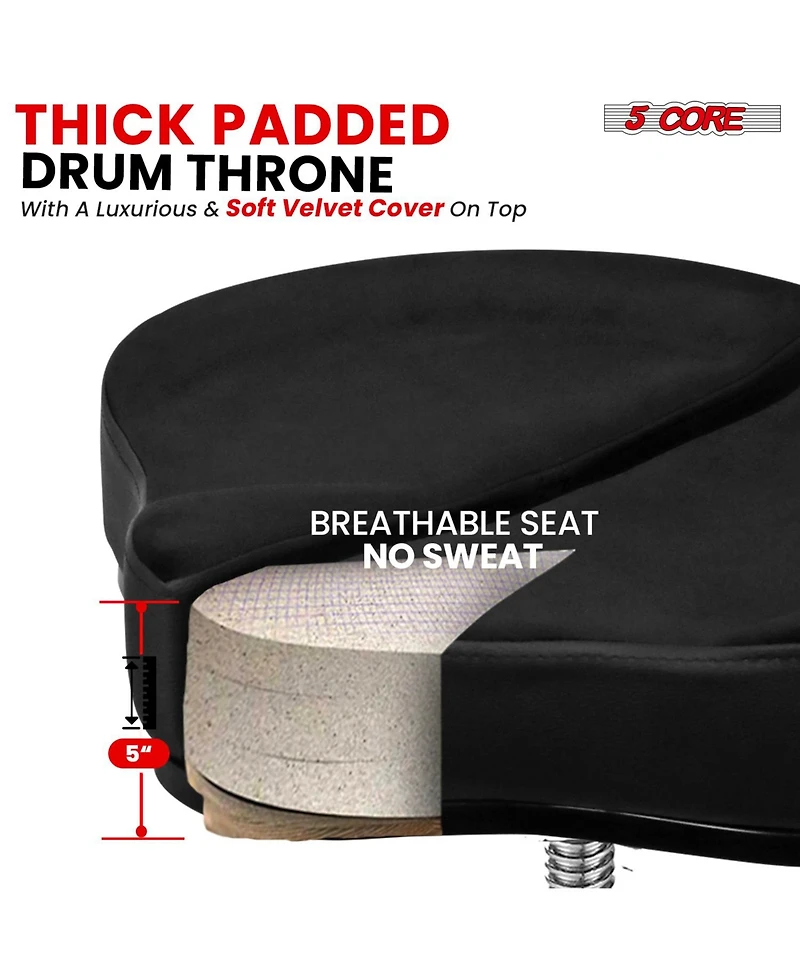 5 Core Drum Throne with Backrest Thick Padded Adjustable Guitar Stool Motorcycle Style Saddle Music Chair Seat for Adult Drummers